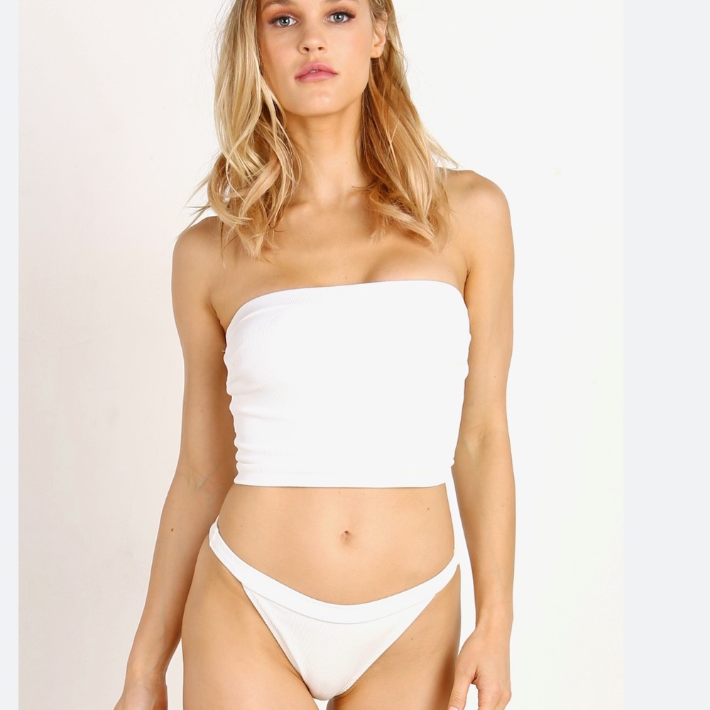 Re/done x Solid & Striped Cream Ribbed strapless bathing suit top or crop top